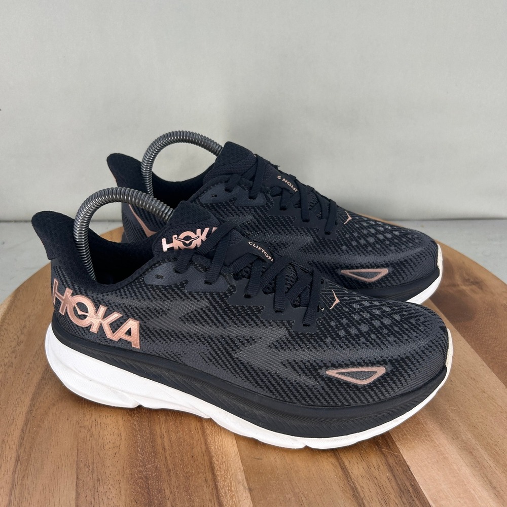 Hoka Clifton 9 Women Running Shoes Black Rose Gold Size 7 Wide 1132211 BRGL